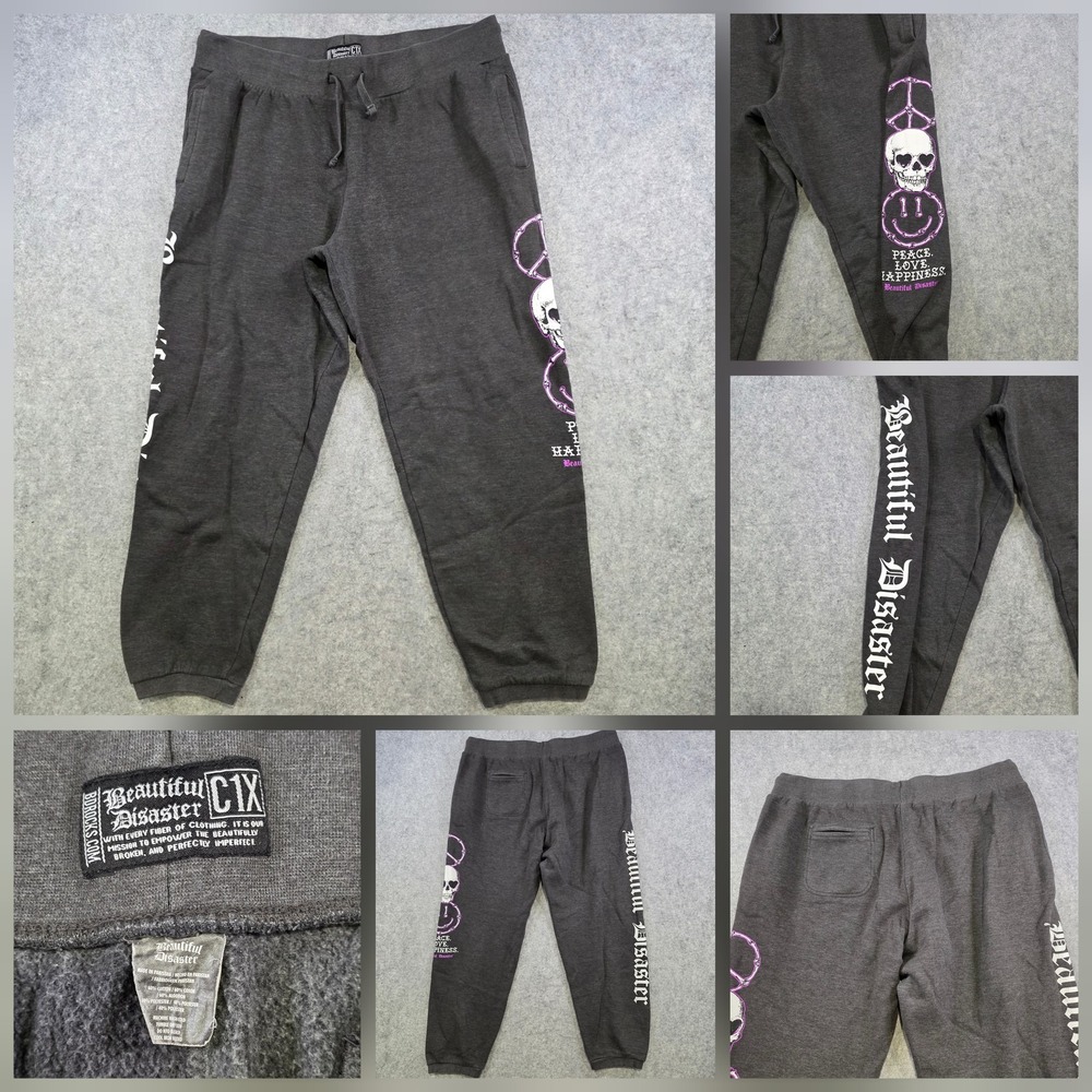 Beautiful Disaster Sweatpants Womens 1X Gray Skull Peace Love Happiness Jogger
